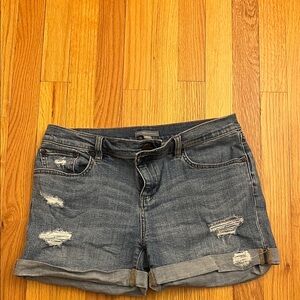 New York & Company Distressed Rolled Hem Denim Shorts - Blue